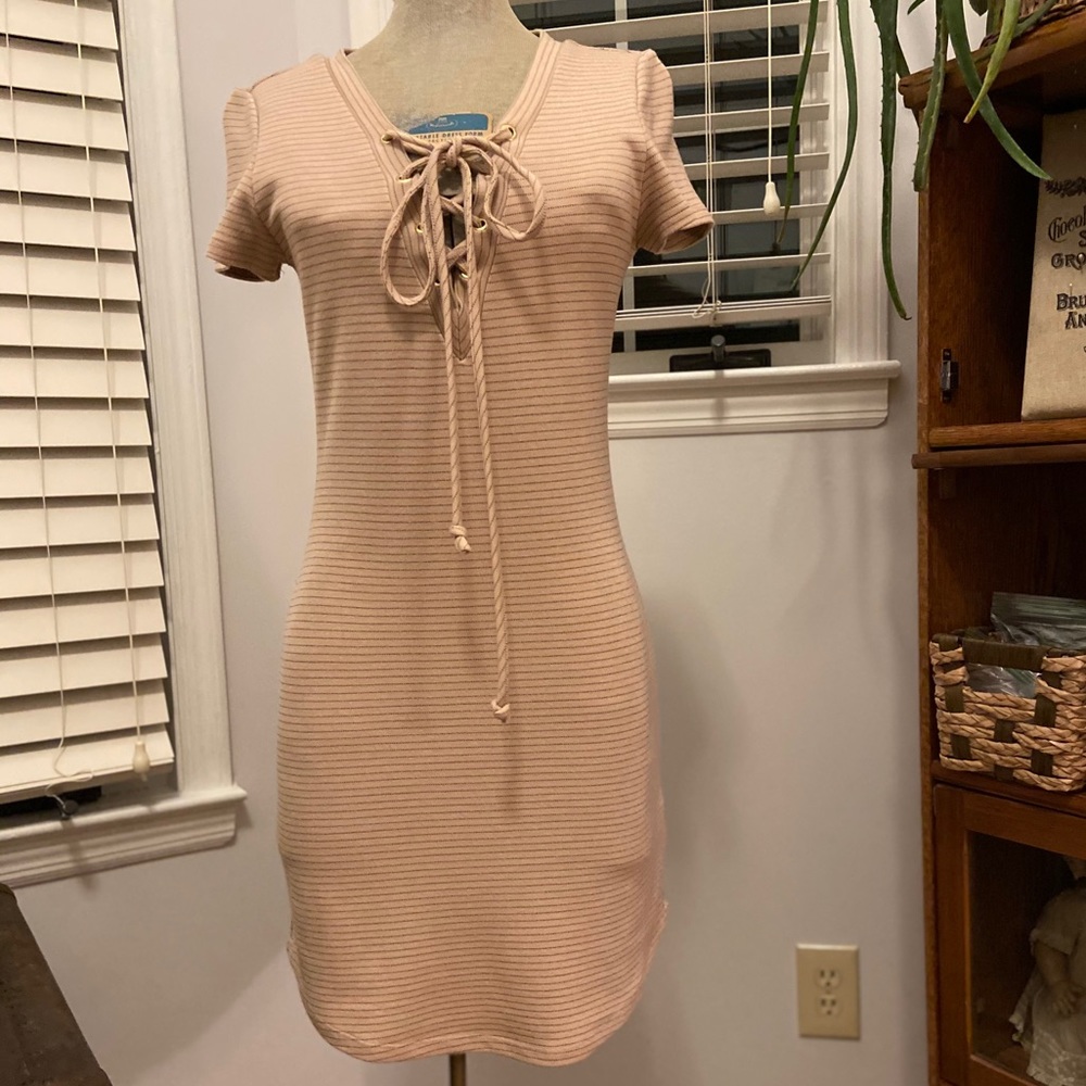 WOW Sweet Wanderer Lace Up Bodycon Dress Beige M